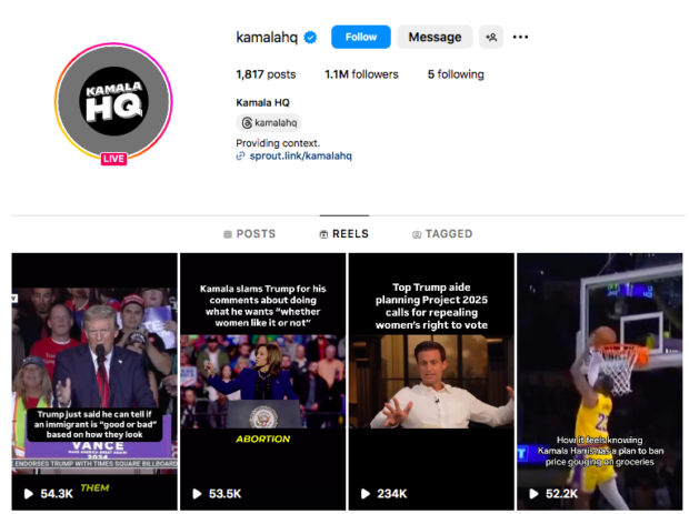 KamalaHQ Instagram Reels for presidential campaign