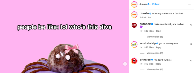 Dunkin' pink donut Spidey D photo with text stating people be like lol who's this diva