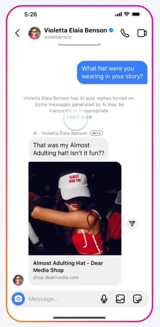 conversational AI message about buying a hat