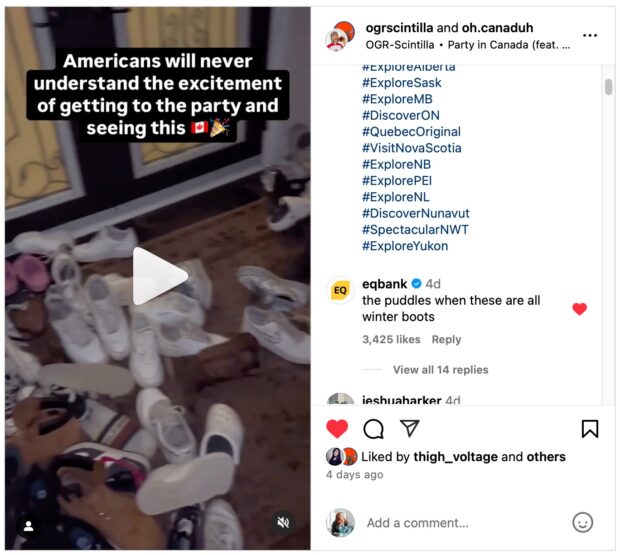 EQ bank Canadian brand comment on Instagram reel about outdoor shoes at a party