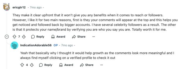 Meta verified comment on Reddit thread